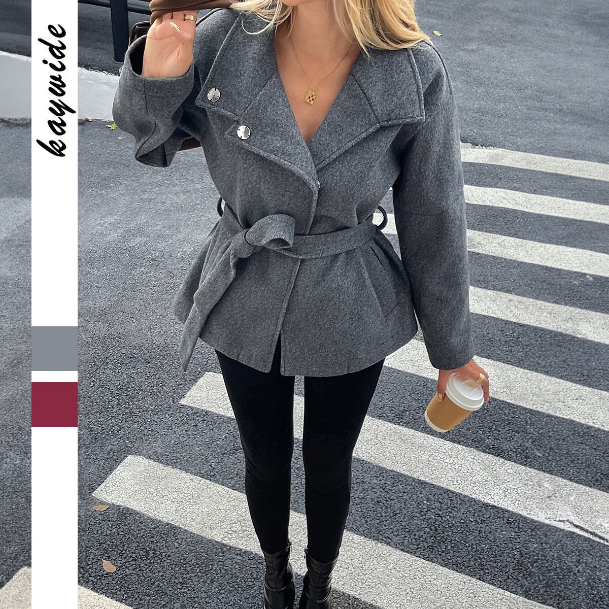 Elegant Belted High-Neck Trench Coat For Women – Timeless Outerwear In Deep Gray & Wine Red Trench Coat_voghion.com