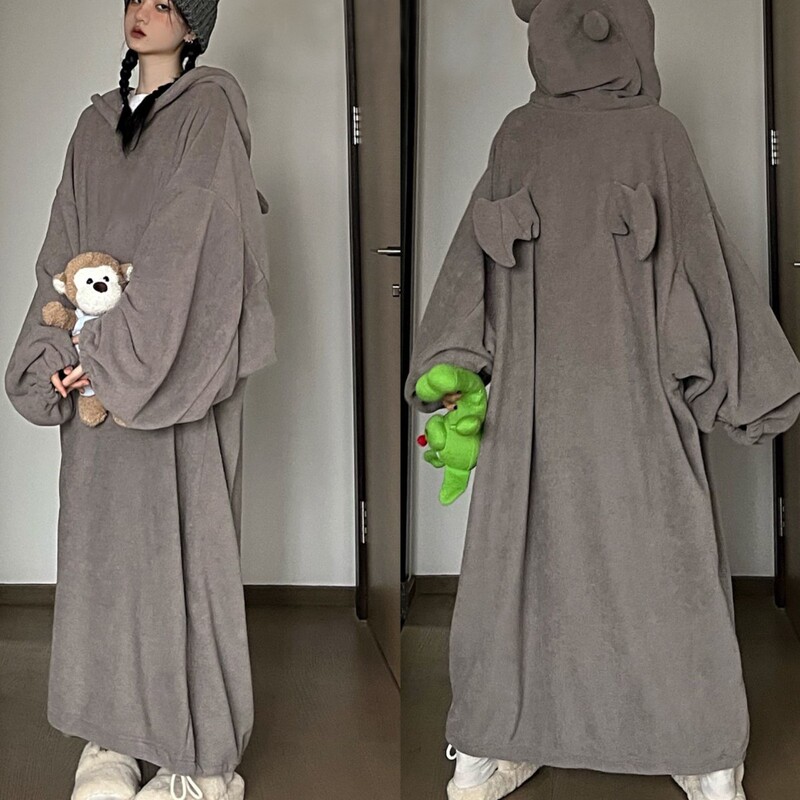 Sleeping Lazy Style Hooded Long-sleeved Nightgown Women's Autumn and Winter New Simple Loose fleece-lined Thickened Pajamas Home Sleeping Lazy Style Hooded Long-sleeved Nightgown Women's Autumn and Winter New Simple Loose fleece-lined Thickened Pajamas Home