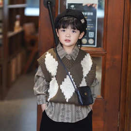 儿童复古菱格V领针织背心男女童毛衣内搭中小童宝宝坎肩上衣童装