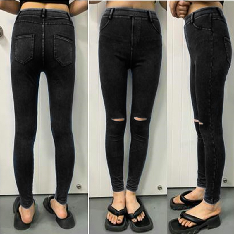 Pantalones vaqueros deportivos de bolsillo rasgado especial transfronterizo Levantamiento de cadera de cintura alta para mujer adelgazamiento apretado desgaste exterior deportivo pantalones Casuales