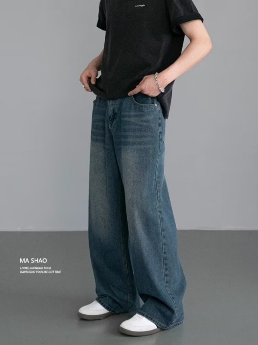 Vintage Wide-Leg Jeans for Men Relaxed Fit Distressed Denim Pants Washed Cotton Blend Mid-Rise Streetwear Staple_viptrois.com