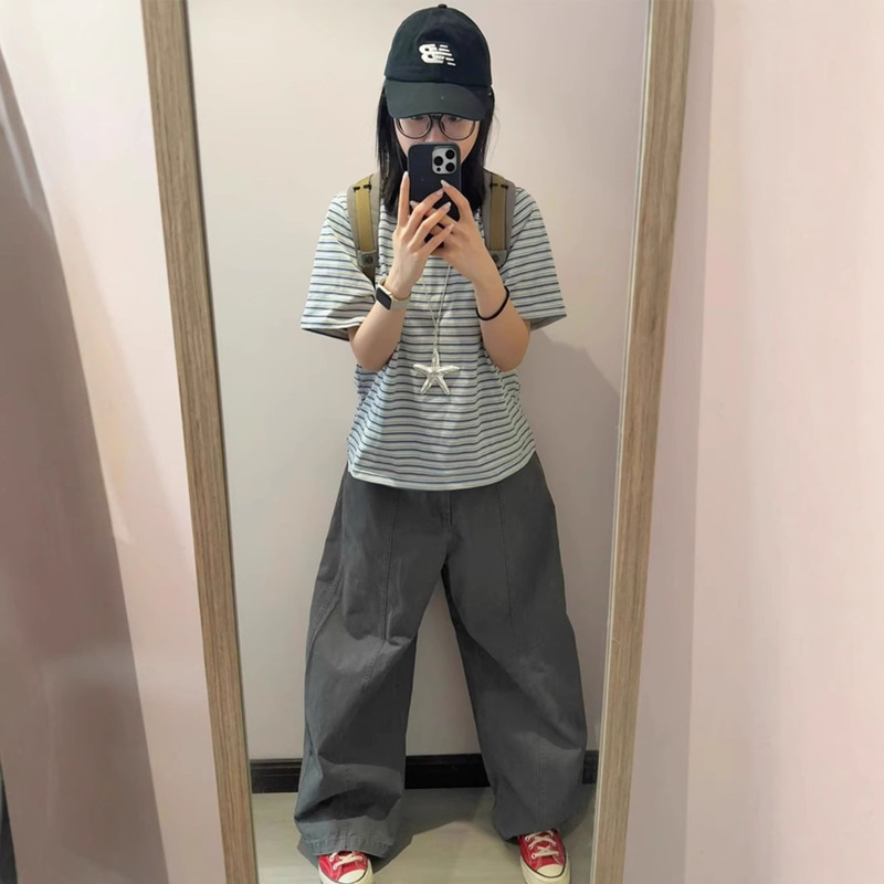 Japanese-Style Cute Casual Sportswear Set for Women, Summer New Color-Block Striped Short-Sleeve Top and Wide-Leg Pants Two-Piece Set for Women Trendy