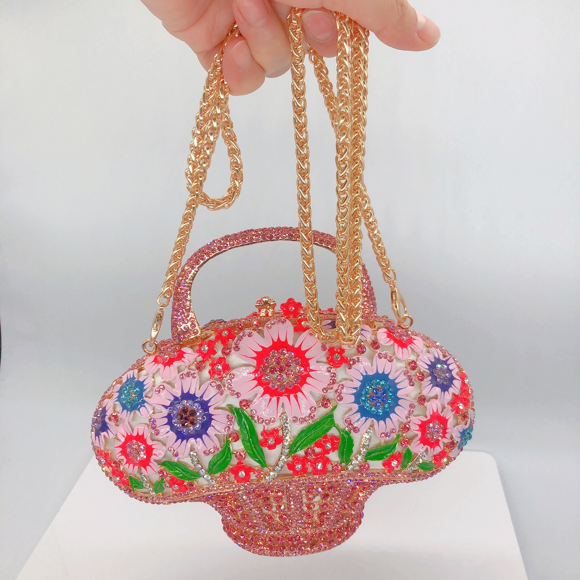 Túi clutch cầm tay giỏ hoa đính kim cương phong cách Hàn Quốc — Phấn màu/Hoa Hồng chi tiết 15