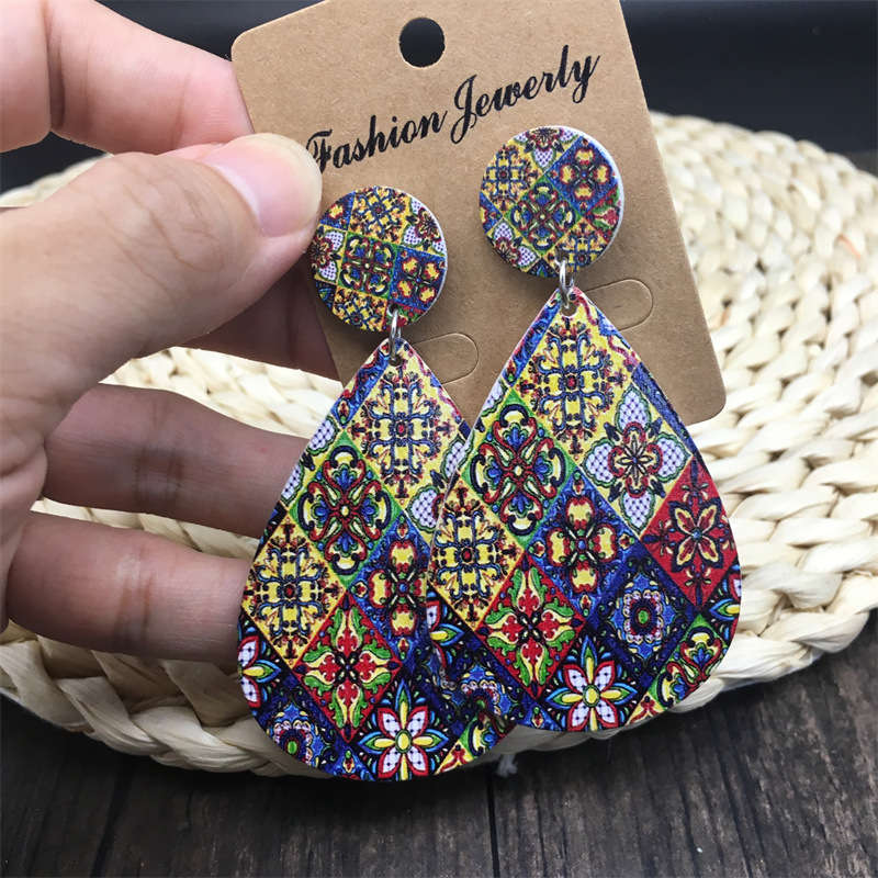 Daily Occasion Bohemian Printing Water Droplets Wood Women's Drop Earrings 1 Pair