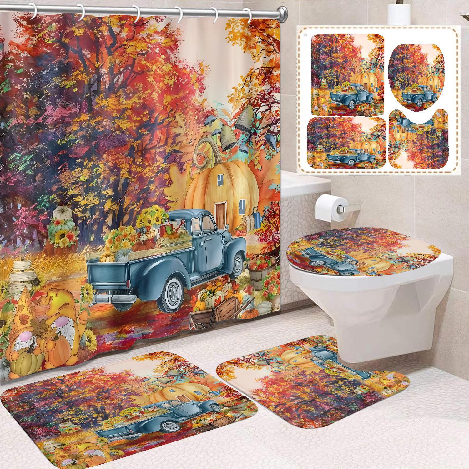 Cortina de ducha de Acción de Gracias, cosecha de otoño, serie de calabaza, cortina de ducha, cortina de baño, cortina de baño impermeable de poliéster, cortina de baño de cuatro piezas image 12