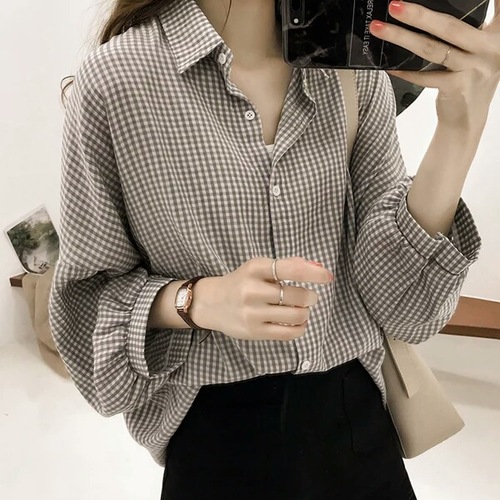 2025 Spring and Autumn New Women's Hong Kong Style Loose BF Lantern Sleeve Checkered Shirt Women's Long Sleeve Top Blouse Outerwear Trend