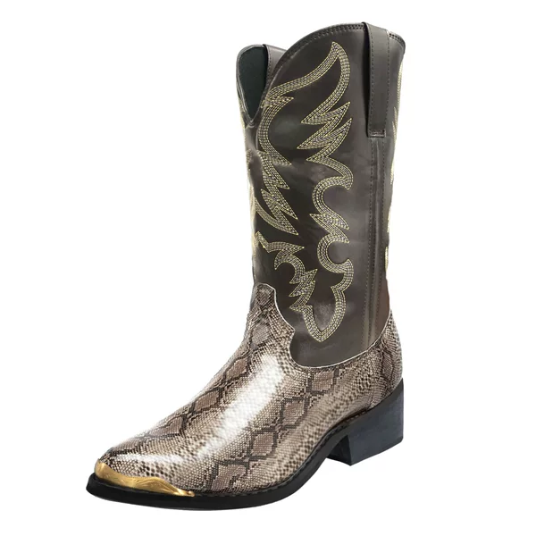 Ready Stock 6081 Embroidered High-Heeled Men's Wooden Root Boots, Western Cowboy Boots, Anti-Snake Pattern Upper + Metal Decoration
