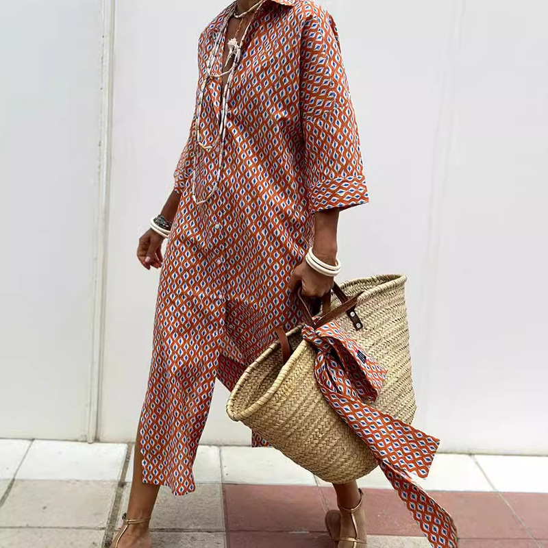 Aliexpress Amazon Hot Selling Women's Casual Quarter Sleeve Printed Strap Shirt Dress with Slits on Both Sides