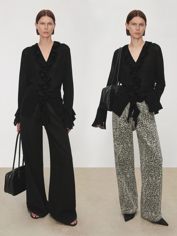 港米服饰/2025秋冬款女花瓣边微透羊毛针织刷毛纱设计造型感开衫|undefined