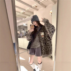 韩版宽松复古豹纹毛茸茸外套女 新款秋冬慵懒风软糯针织纽扣上衣