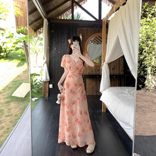 大码女装夏装新款法式复古碎花连衣裙女温柔风气质v领收腰长裙
