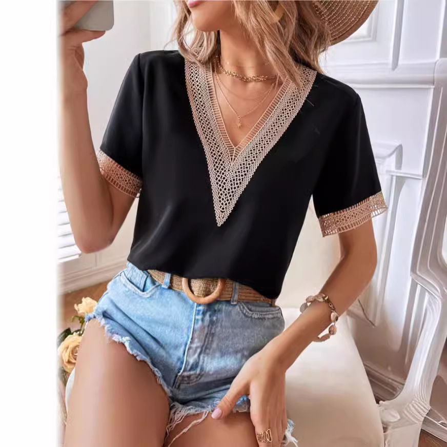 Camisa Elegante de Manga Corta para Mujer, Estilo Europeo y Americano 2026, con Cuello en V, Adorno de Encaje Satinado, Color Sólido, Corte Holgado, para el Trabajo image 3