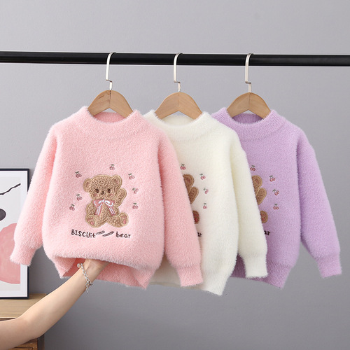 2024 Autumn and Winter Children's Sweater Pullover Tops Girls' Round Neck Sweater Mink Velvet Middle Children Western Style Cartoon Long Sleeves