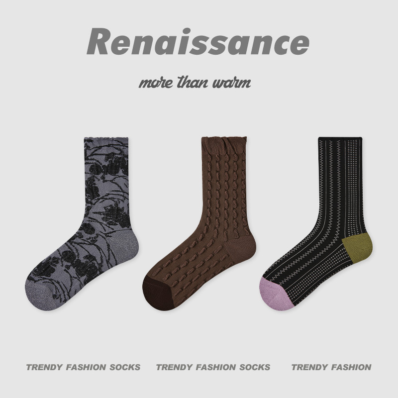 ルネッサンス新中国風秋 2025 新しいチェック柄花柄ミッドカーフソックス ins 文学ファッション女性の靴下