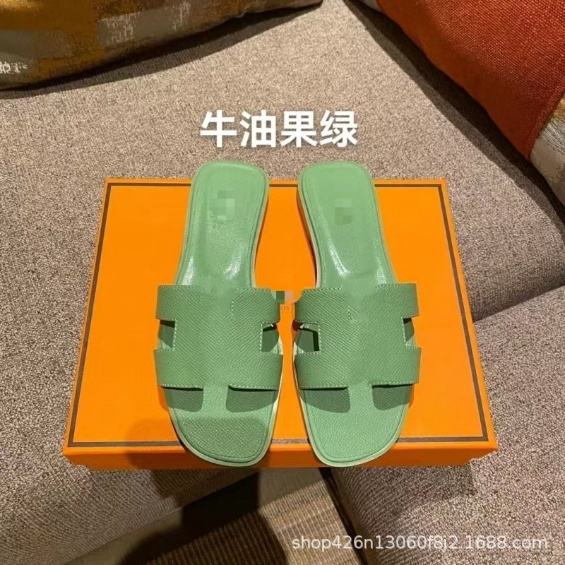 外贸经典款H家拖鞋女夏季高版本休闲一字型羊皮平底拖鞋批出货快|undefined