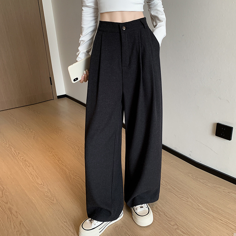 实拍西装裤女秋季高腰显瘦垂感宽松复古高级感休闲直筒阔腿裤潮|undefined