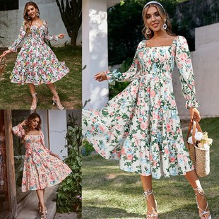 202 Summer New Style Aliexpress European and American Cross-Border Export Square Neck Trumpet Long-Sleeved High-Waisted Dress Loose Long Skirt