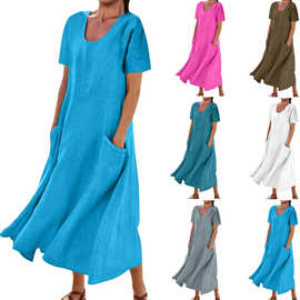 欧美跨境女装亚马逊女士纯色棉麻圆领短袖长款宽松摆连衣裙