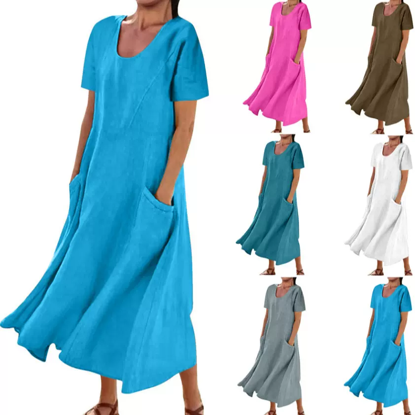 欧美跨境女装亚马逊女士纯色棉麻圆领短袖长款宽松摆连衣裙
