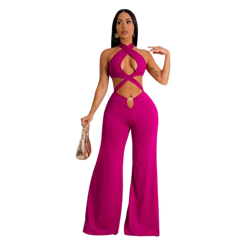 K10496 estilo europeo y americano Amazon ropa de mujer al por mayor discoteca popular sexy hueco-fuera Halter ombligo mono de pierna ancha