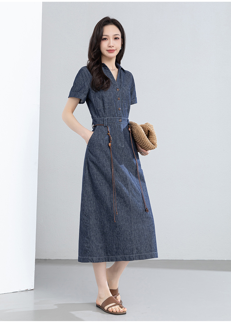 Đầm maxi nữ thắt eo tay ngắn chất liệu cotton pha linen phong cách Pháp — Xanh da trờicolor chi tiết 23