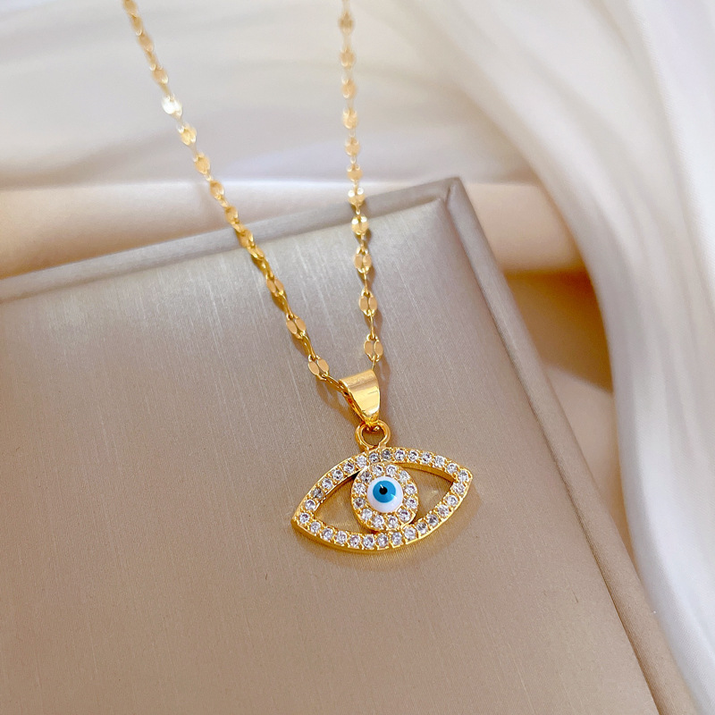 Retro Devilu0027S Eye Stainless Steel Copper Inlay Rhinestones Necklace