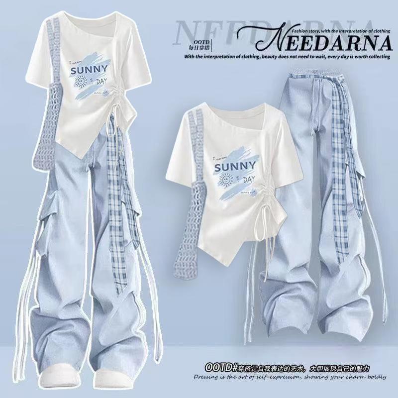 2026 New Style Youthful Dopamine-Inspired Summer Women's T-Shirt and Blue Cargo Pants Set - Cool and Stylish
