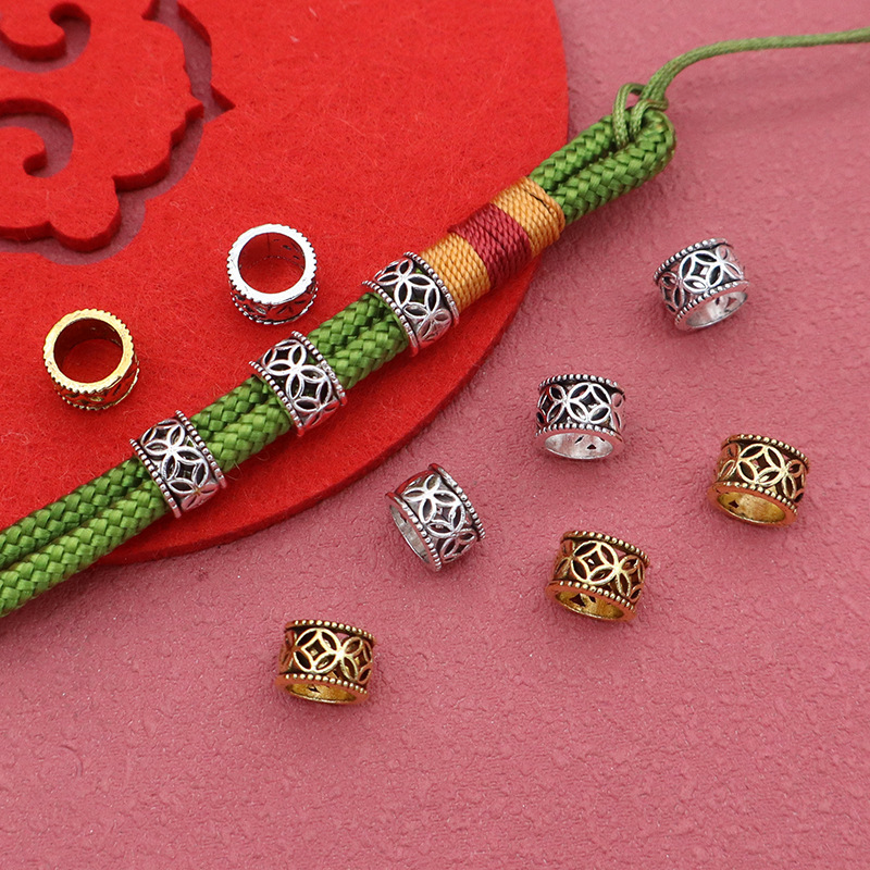National Tide Hollow Coin Pattern Large Hole Beads 8mm Rope Handstring Pendant Xizang Silver Beads DIY Jewelry Beads
