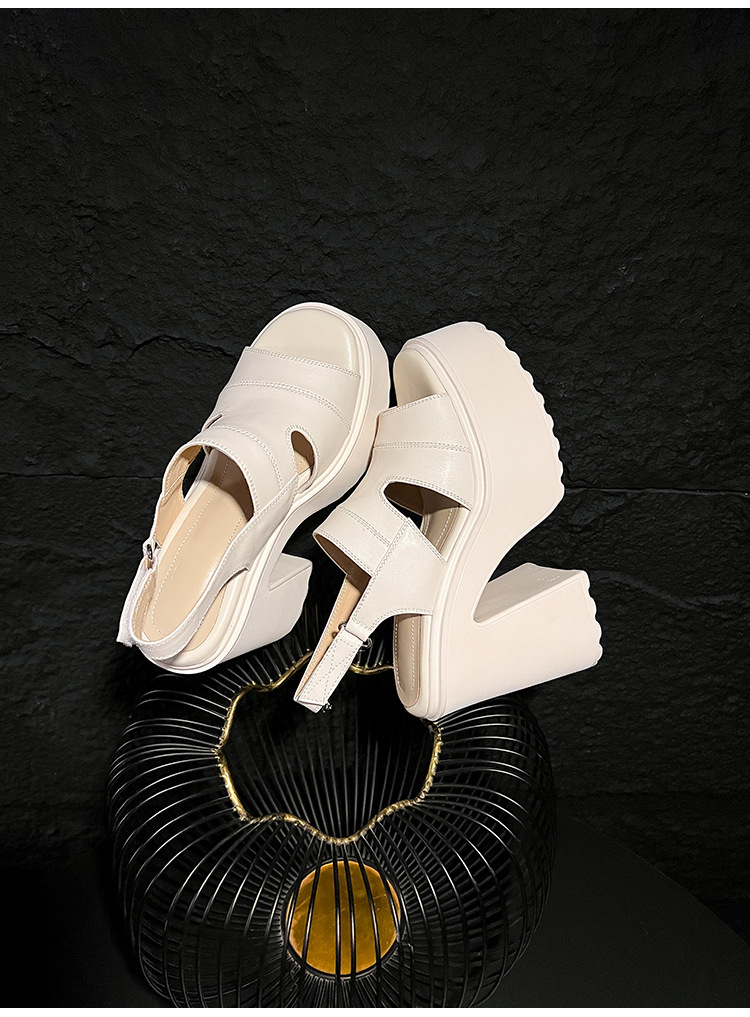 Sandal hở mũi nữ đế siêu dày 12cm quai ngang phong cách La Mã, khóa dán, gót vuông — màu đen, màu trắng ngà chi tiết 17