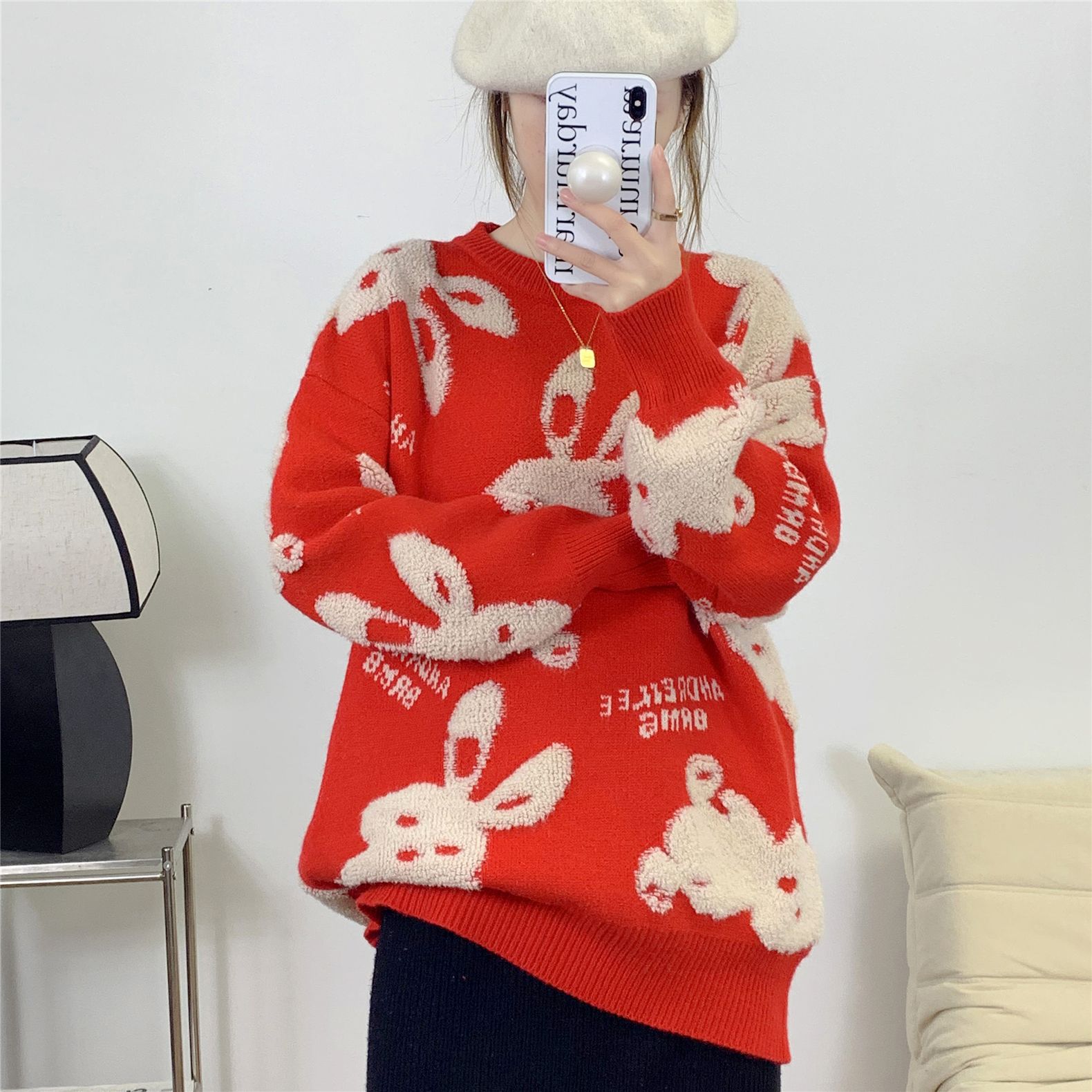 sweater Women's wear Sweet Zodiac Year of the Rabbit new pattern Cartoon Jacquard weave leisure time Lovers money 2022 Autumn and winter Long sleeved sweater