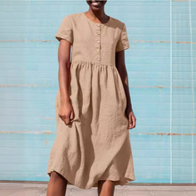 wish速卖通外贸2024夏季新款圆领短袖拼接单排扣纯色棉麻连衣裙