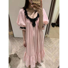 法式粉色宫廷风蕾丝花边睡裙女夏季2026新款家居服中长裙子可外穿