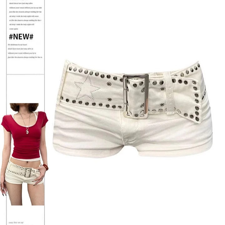 Aliexpress White Denim Shorts Hot Girl Rhinestone Y2K Denim Shorts Harajuku Retro Low-Waist Denim Shorts
