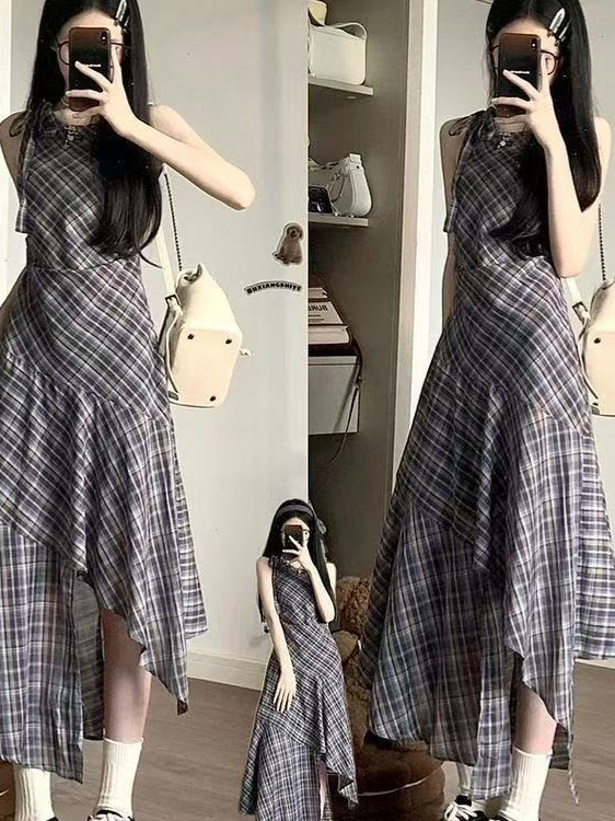 法式无袖不规则格子背心连衣裙子女夏季2025年新款小个子气质长裙|undefined