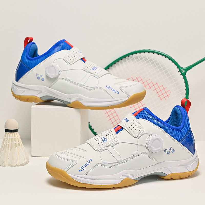 Venta al por mayor zapatos de bádminton para hombres y mujeres profesionales antideslizantes resistentes al desgaste transpirable botón giratorio Placa de carbono entrenamiento de competencia para niños