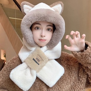 Hat and Scarf All-in-One Women's Winter All-Match Cute Fluffy Hat Warm Winter Thickened Anti-Freeze Windproof Hooded Scarf