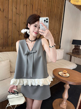 灰色蝴蝶结v领西装马甲背心女夏季时尚套装a字短裙半身裙子两件套