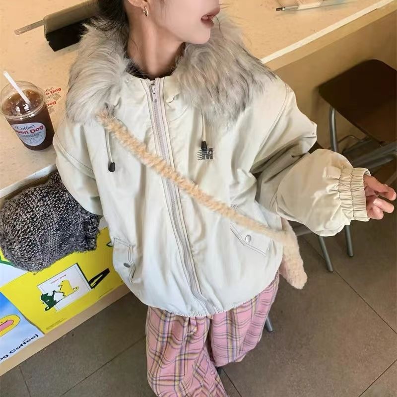 美式复古可拆卸毛领连帽棉服女冬季加厚保暖棉衣外套灰色有吊牌