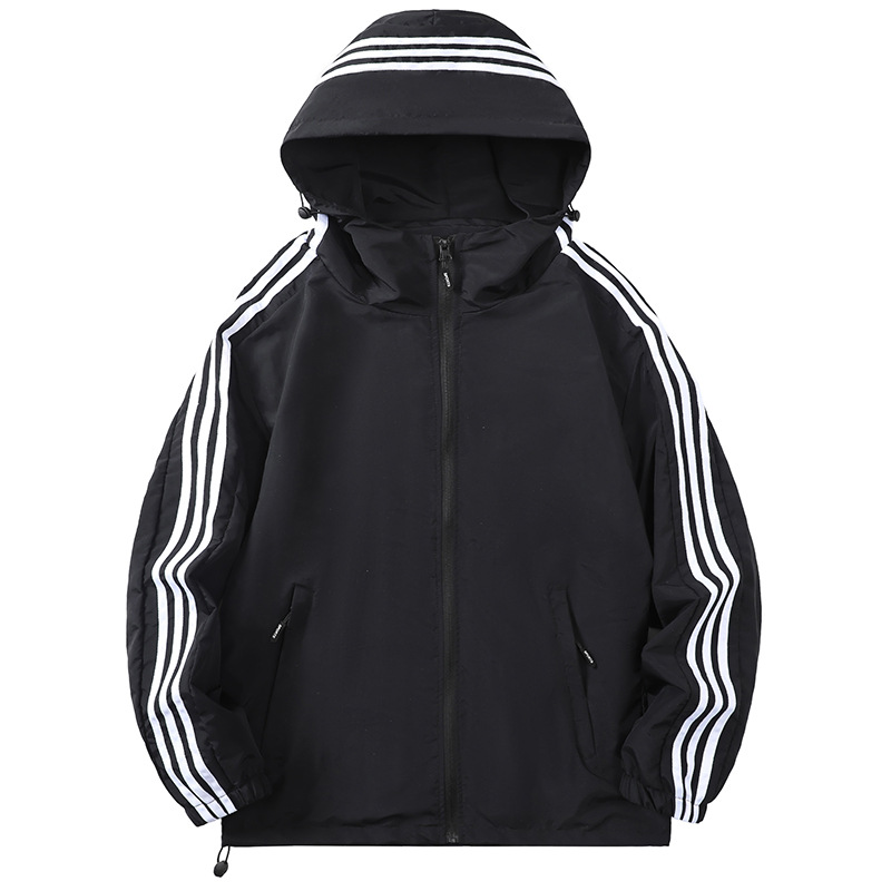 Chaqueta de tres rayas para hombre, estilo transfronterizo, para primavera y otoño, con capucha, de marca, personalizada, versátil, informal, de talla grande, a la moda.
