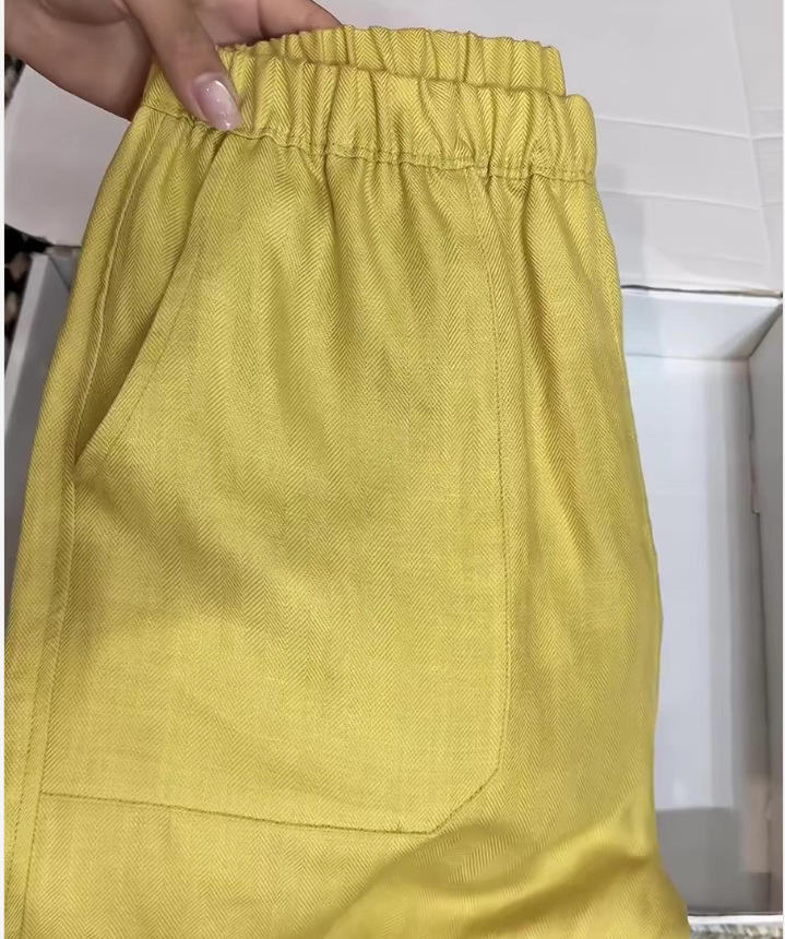 Quần culottes nữ ống rộng vải lanh màu vàng eo cao mùa hè — màu vàng chi tiết 2