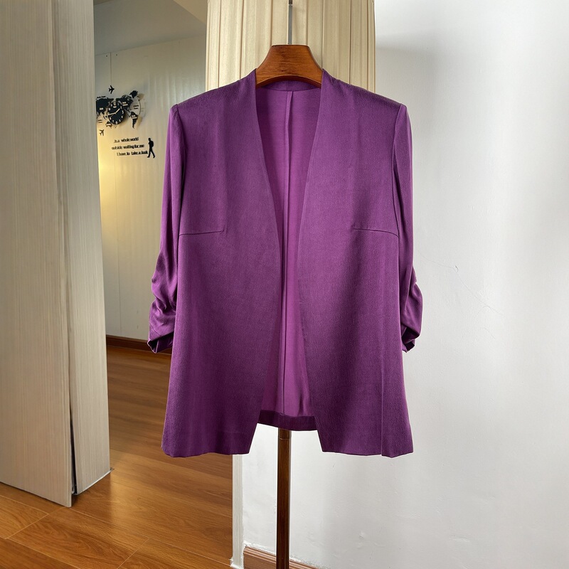 Cupro Silk Buttonless Blazer for Women, Early Autumn Thin Style, Elegant and Loose-Fitting Three-Quarter Sleeve Cardigan for Commuting, Paired with a Single Jacket