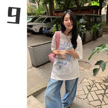 [9hour]韩系个性创意字母猫咪t恤女 2024夏季ins宽松慵懒风上衣女