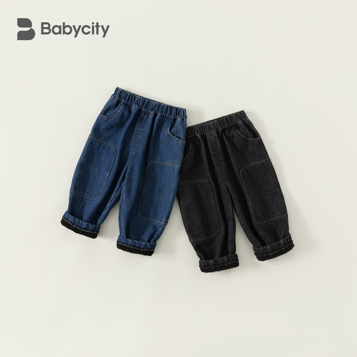 babycity冬季休闲男女童加绒加厚牛仔裤儿童裤子小童DK82013