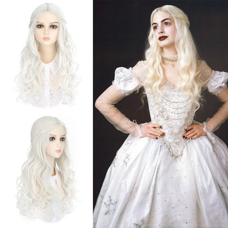 Silk Alice in Wonderland Adventures White Queen Cos Wig Long Curly Hair Simulation Scalp Top