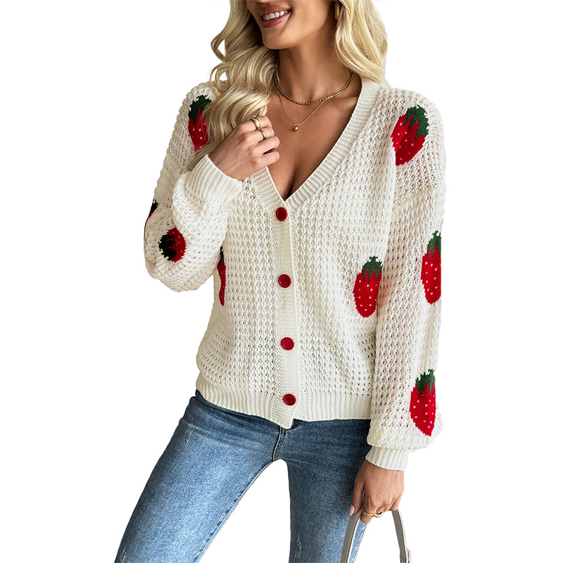 Cardigan casual da donna con motivo jacquard a fragole, pullover leggero in maglia, top a maniche lunghe con apertura frontale per primavera e autunno_voghion.com