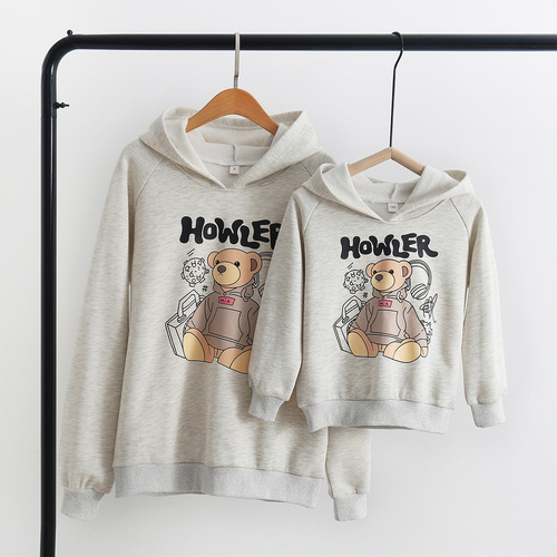 Winter and Spring Hoodie Grey Cartoon Anime Parent-Child Set 2024 New Korean Style Bear Alphabet Print Family Set Long Sleeve