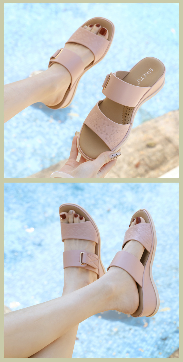 Dép sandal nữ xỏ ngón quai khóa mùa hè phong cách Âu Mỹ, đế bệt thoải mái — Màu đen, Màu hồng, Màu kaki chi tiết 8