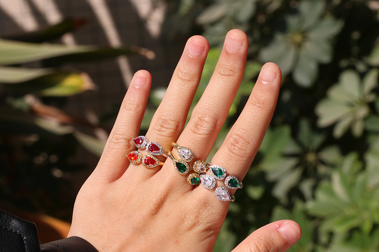 2g Weight Zircon Inlay Material Wedding Occasion Fashion Micro-studded Drop-shaped Colorful Zircon Open Ring