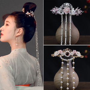 2pcs Chinese traditional folk costumes han tang dyansty hanfu cosplay hairpin for women girls Long Songxing Palace Long Fringed Hair Ornament Fairy Hanfu Headdress