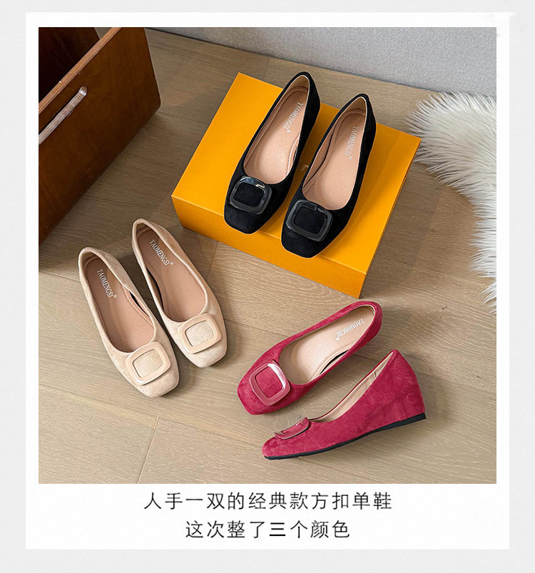 Giày bệt nữ mũi vuông khóa ngang, cổ thấp chất liệu nhung, gót xuồng 3–6 cm — Màu be, màu đen, màu đỏ chi tiết 6
